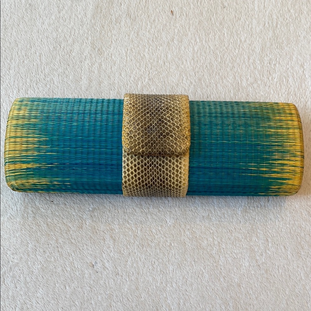 John Carlo Creations snakeskin and ombré turquoise to yellow raffia clutch